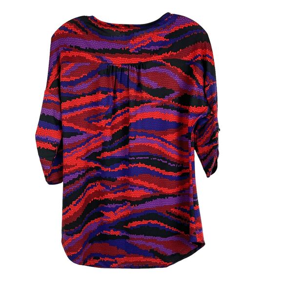 Kate & Henry Blouse Small Top Purple Red Tab Stretch Pullover 3/4 Flowy Sleeves - Picture 3 of 7